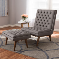 Baxton Studio BBT5272-Grey Set Annetha Mid-Century Modern Grey Fabric Upholstered Walnut Finished Wood Chair And Ottoman Set